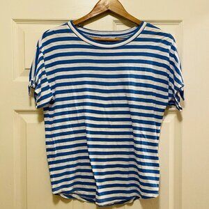 CASLON White/Blue Striped Crew Neck Short Tied / Knotted Sleeves T-Shirt…